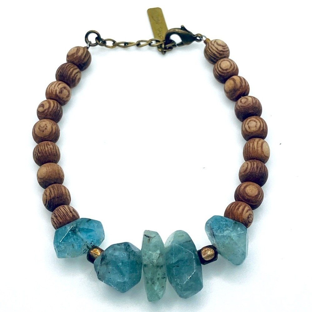 Blue Apatite Stone & Round Wooden Bead Brass Clasp Bracelet 6.5” - 7.5”